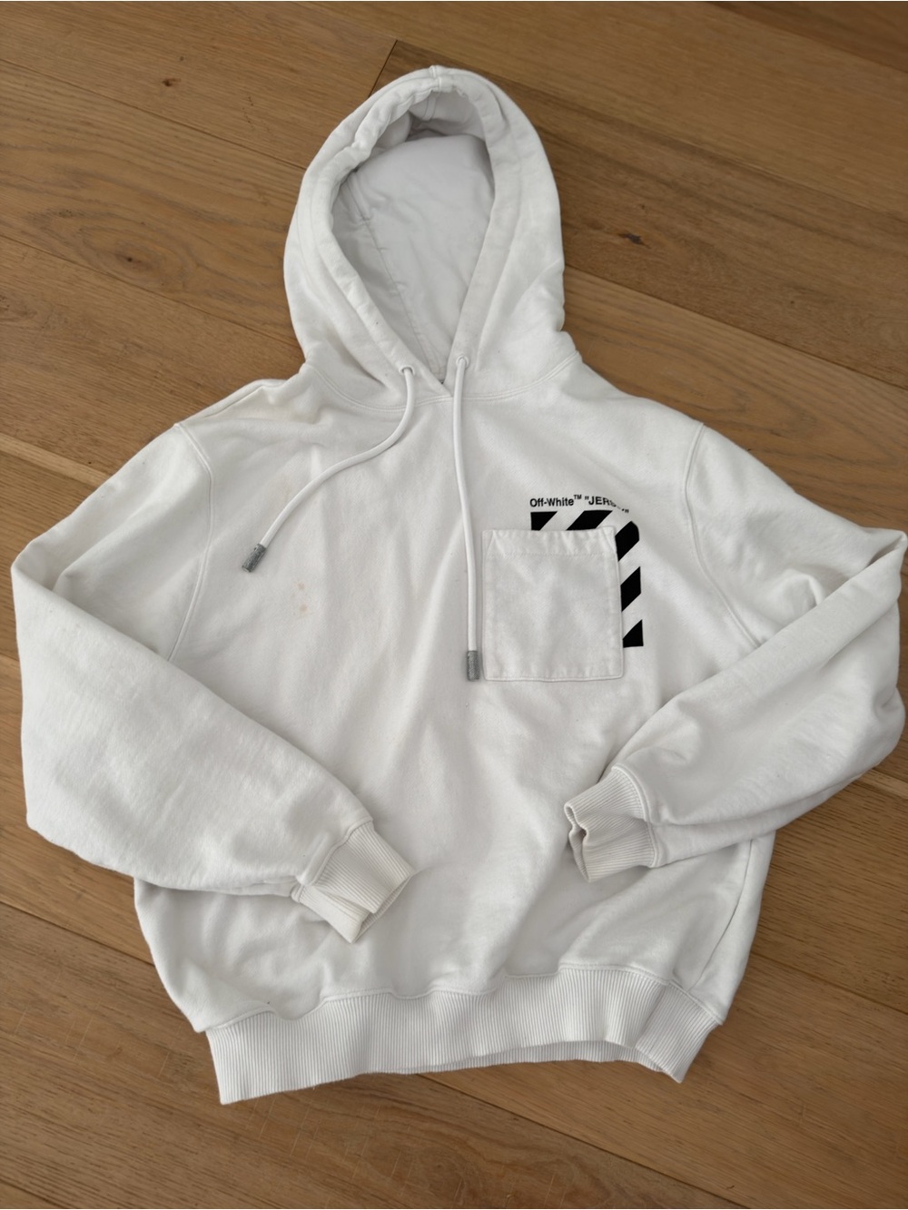 Off-White White Hoodie with Black Diagonal Pocket Accent